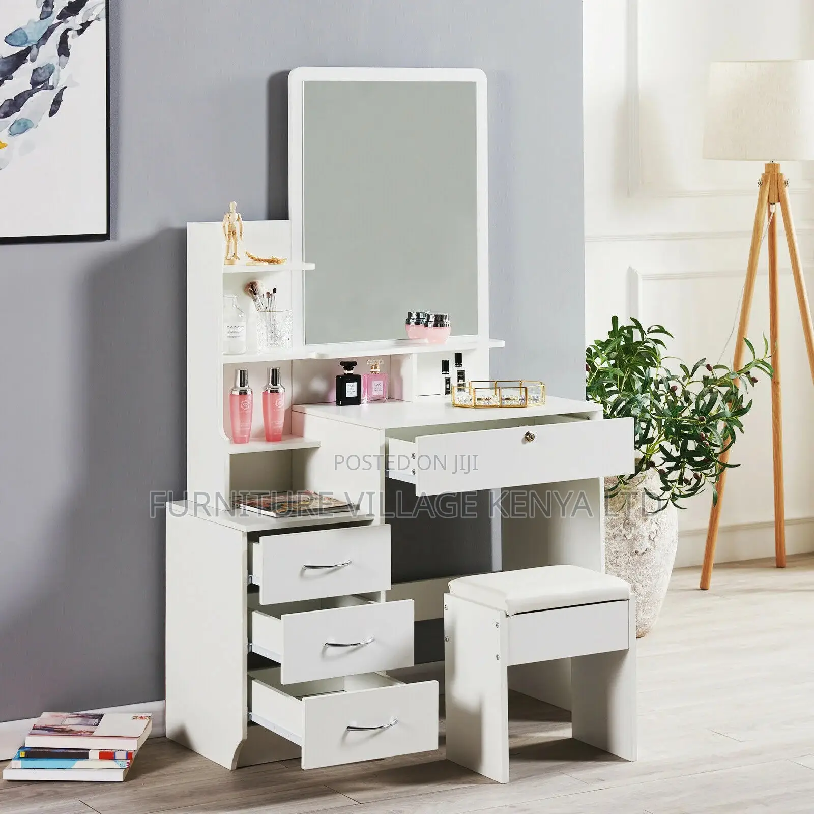 Dresser;Modern Dressing Table W/4 Drawers Sliding Mirror Stool