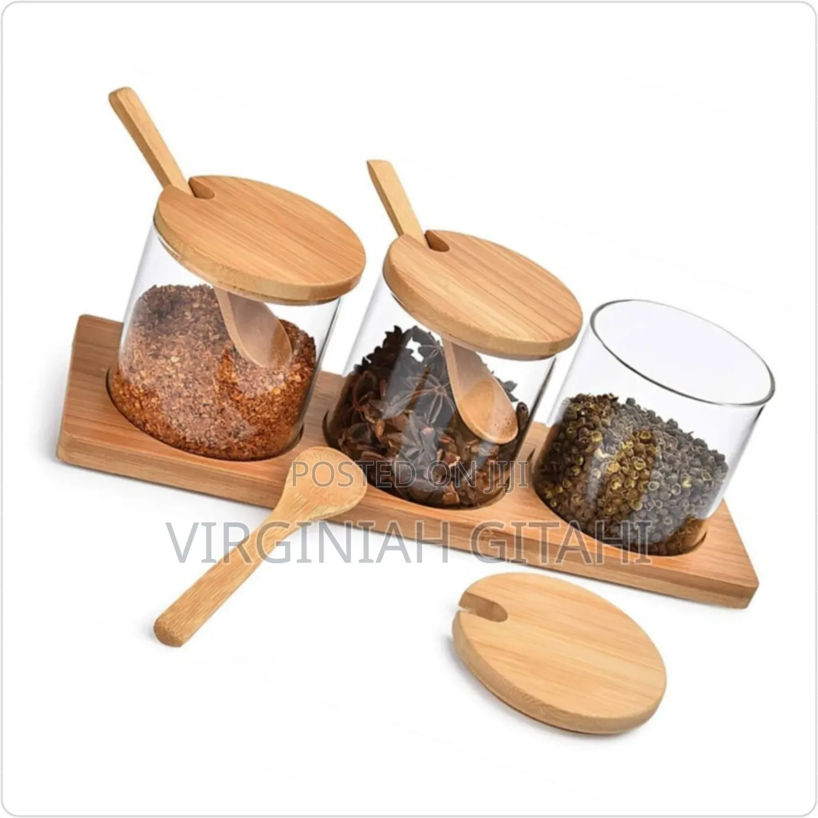 New 3in1 Glass Sugar Set With Bamboo Stand