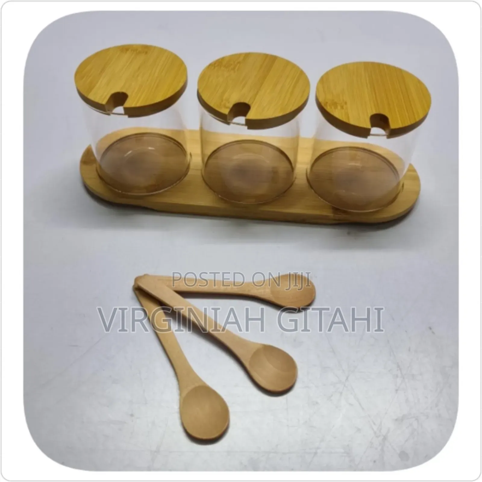 New 3in1 Glass Sugar Set With Bamboo Stand