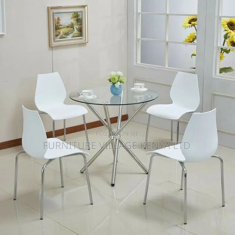 Dining Table; Round Dining Table Chrome Legs Tempered Glass Top