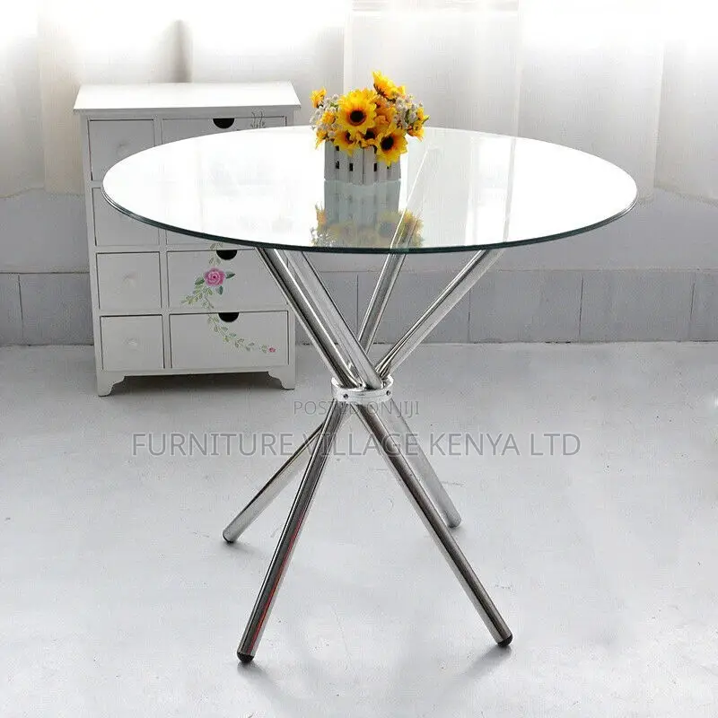 Dining Table; Round Dining Table Chrome Legs Tempered Glass Top