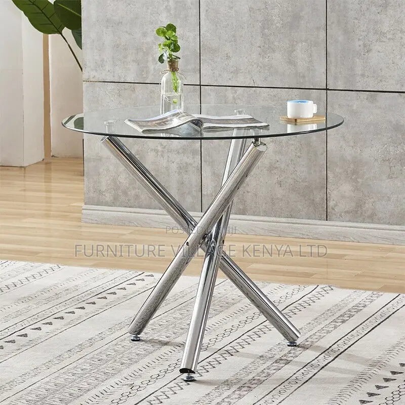Dining Table; Round Dining Table Chrome Legs Tempered Glass Top