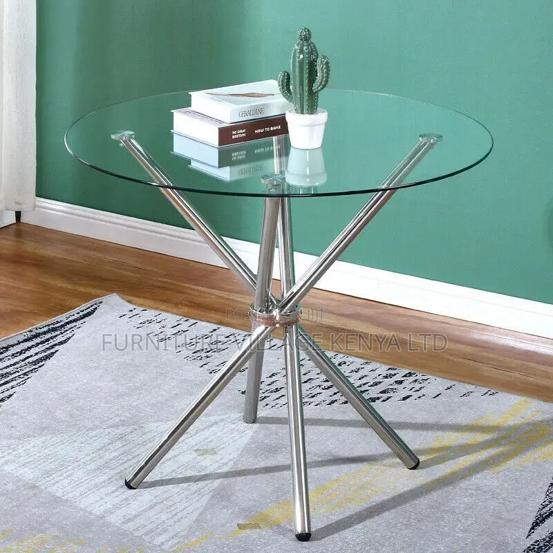 Dining Table; Round Dining Table Chrome Legs Tempered Glass Top