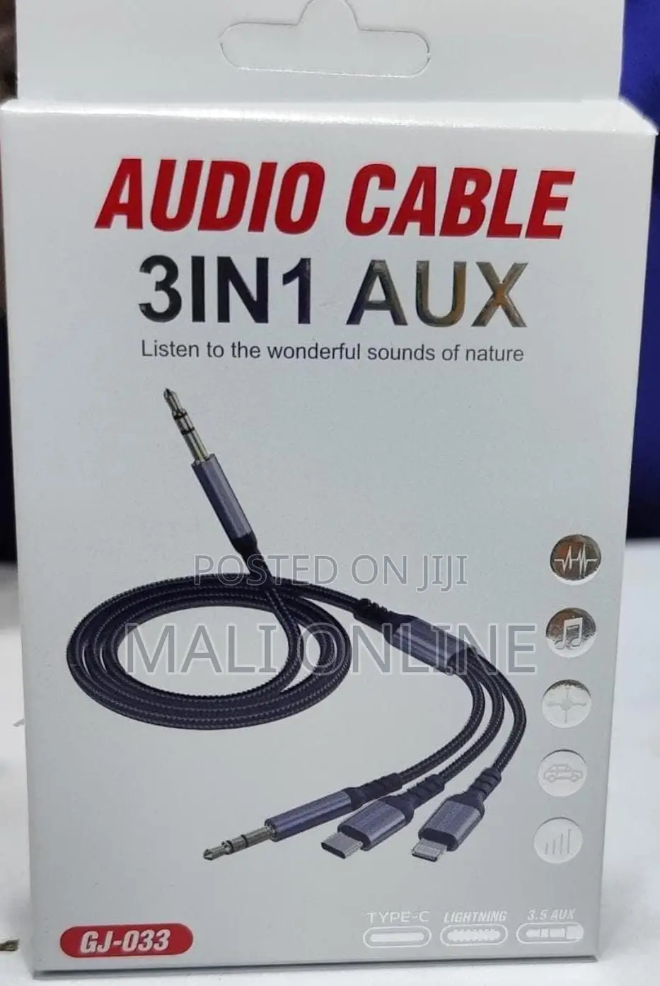 3-in-1 Aux Audio Cable 3.5mm Male to Male Type-C Lightning Adapter