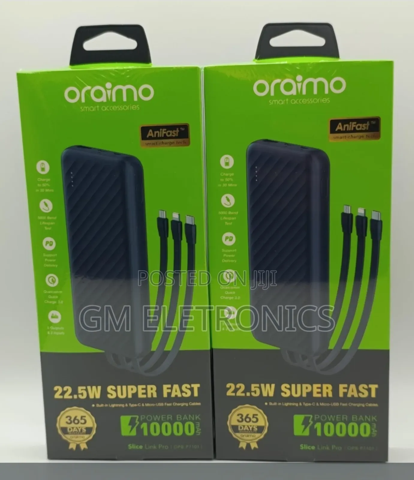 10,000mah, 22.5w Powerbank-3 in-Build Cable;Type-C,Lightning,Micro-Usb