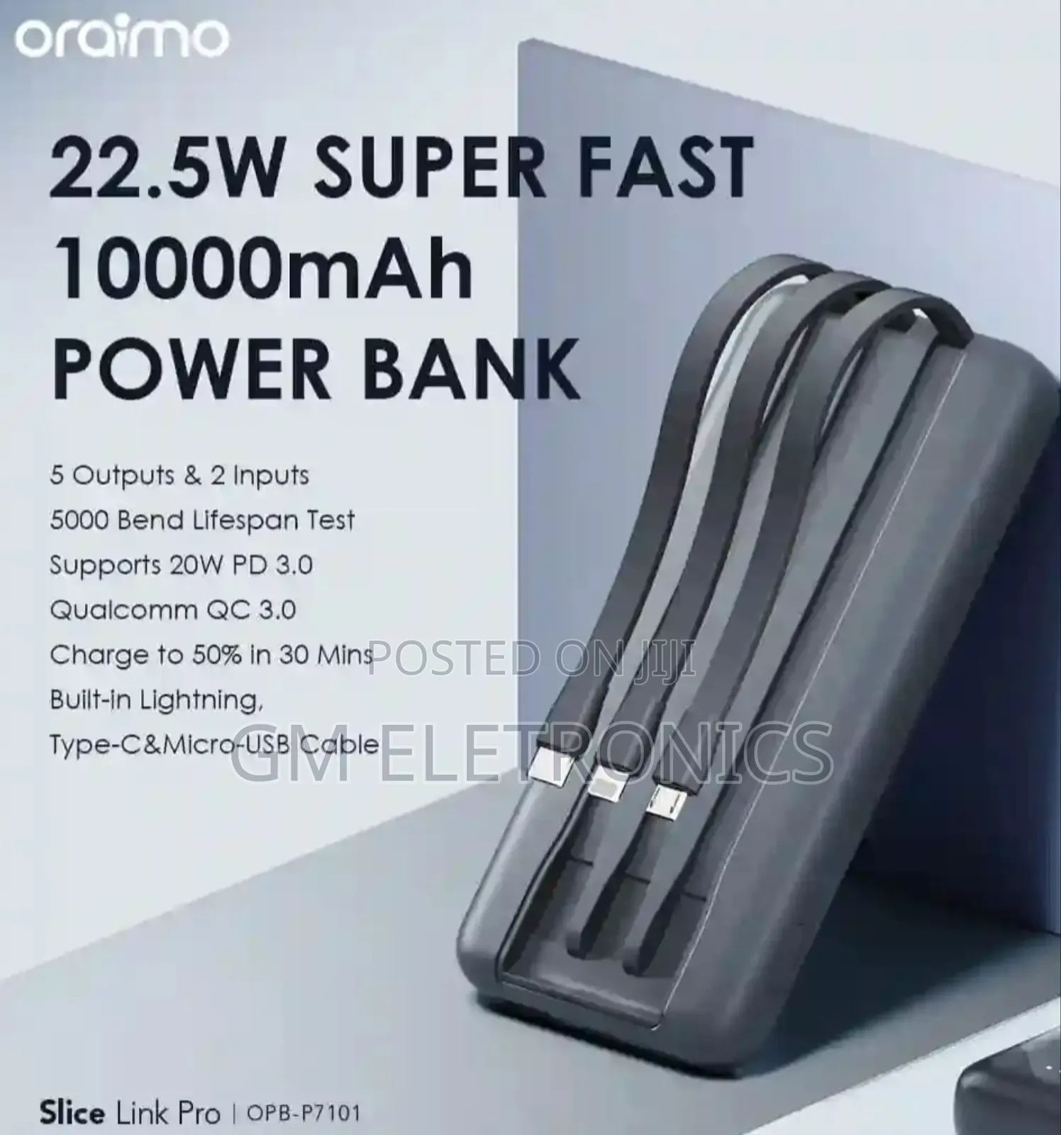 10,000mah, 22.5w Powerbank-3 in-Build Cable;Type-C,Lightning,Micro-Usb