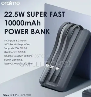 10,000mah, 22.5w Powerbank-3 in-Build Cable;Type-C,Lightning,Micro-Usb