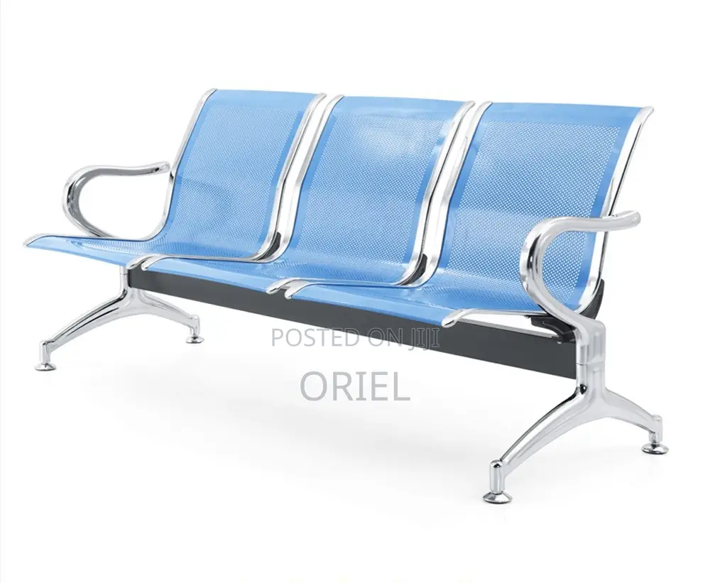 Office Bench : Office 3-Link Non-Padded Blue Waiting Bench