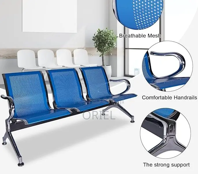Office Bench : Office 3-Link Non-Padded Blue Waiting Bench