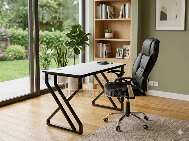 Metallic Stand Office Table and Leathered Chair