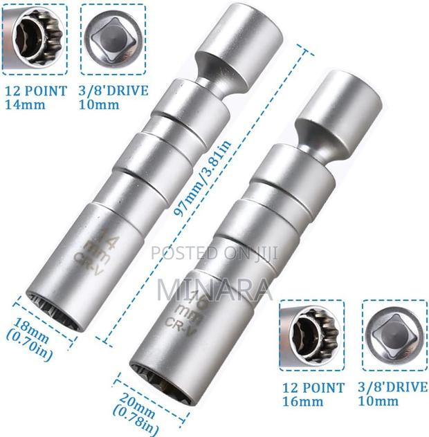 2 Pc, Magnetic Swivel Spark Plug Socket Set, 14mm 16mm, 3/8” Sockets - thumbnail 3