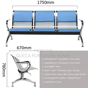 3-Link Blue Airport Lobby Reception Bench