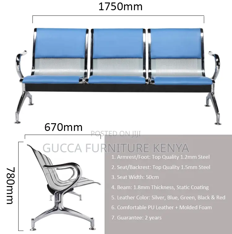 3-Link Blue Airport Lobby Reception Bench