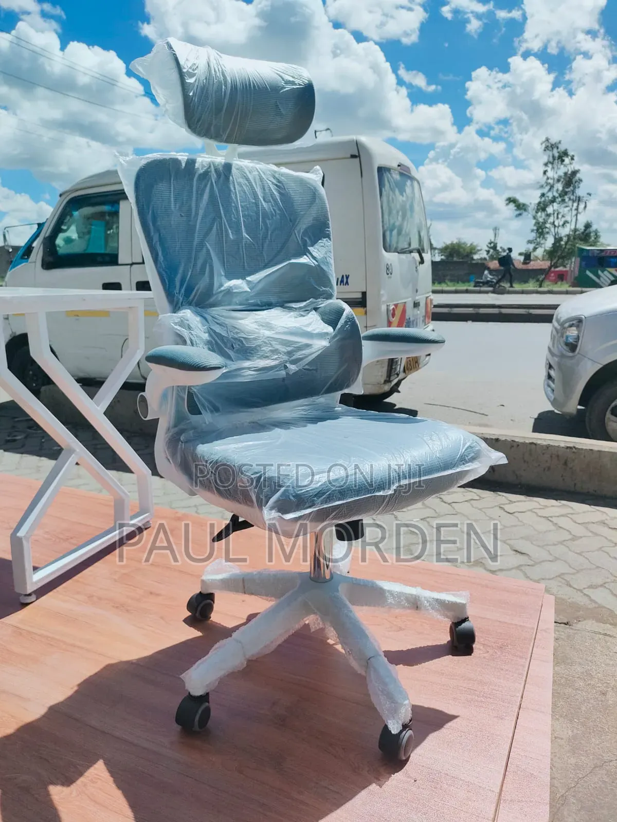 Office Furniture :Office White Gray Chair - High Back With Headrest
