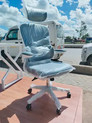 Office Furniture :Office White Gray Chair - High Back With Headrest