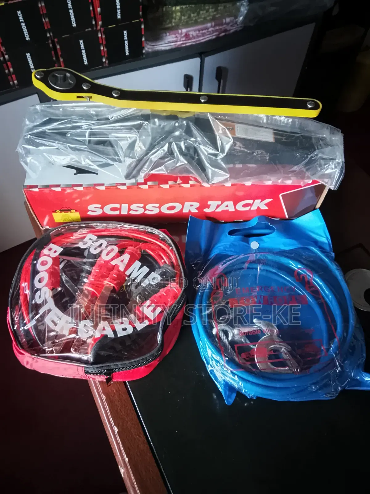 3 in 1 Scissor Jack With Wrench, Towing Rope and Jumper Cable 500amp