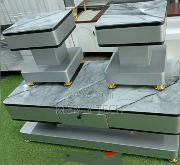 Coffee Table With Glass/Marble Topping With 2 Stools. - main view
