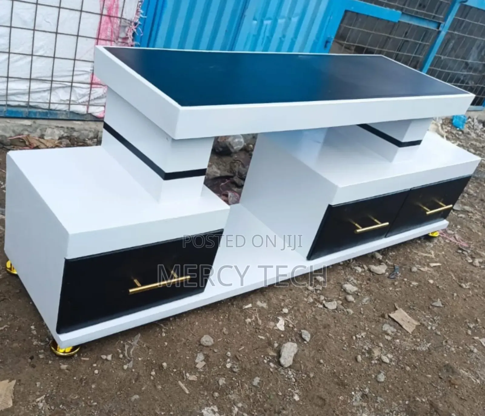 Executive Tv Stand, Black Marble Finish Top With Led Accent