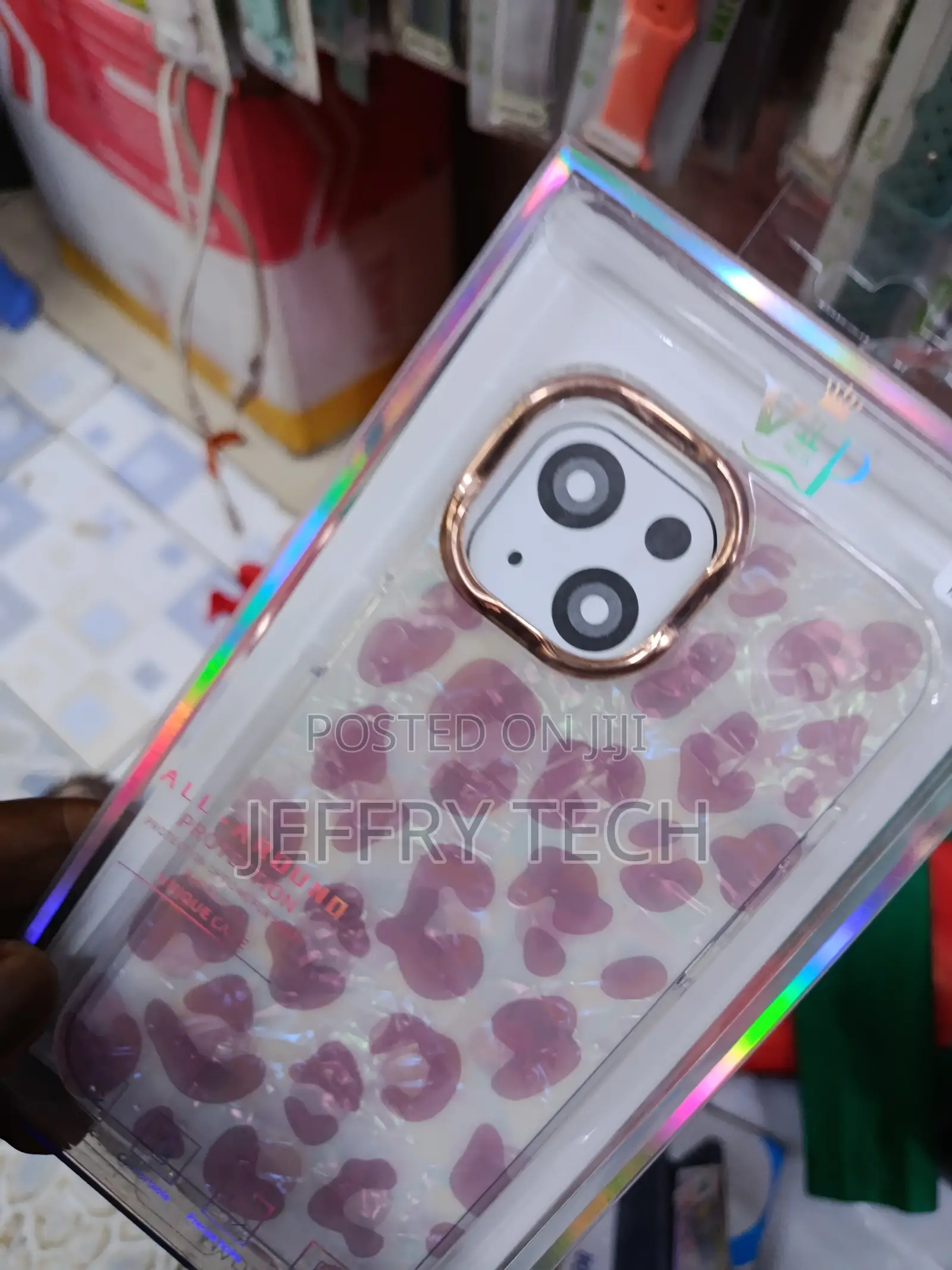 Rumdey iPhone 15 Leopard/Cheetah Print Gold-Plated Camera Frame-Pink