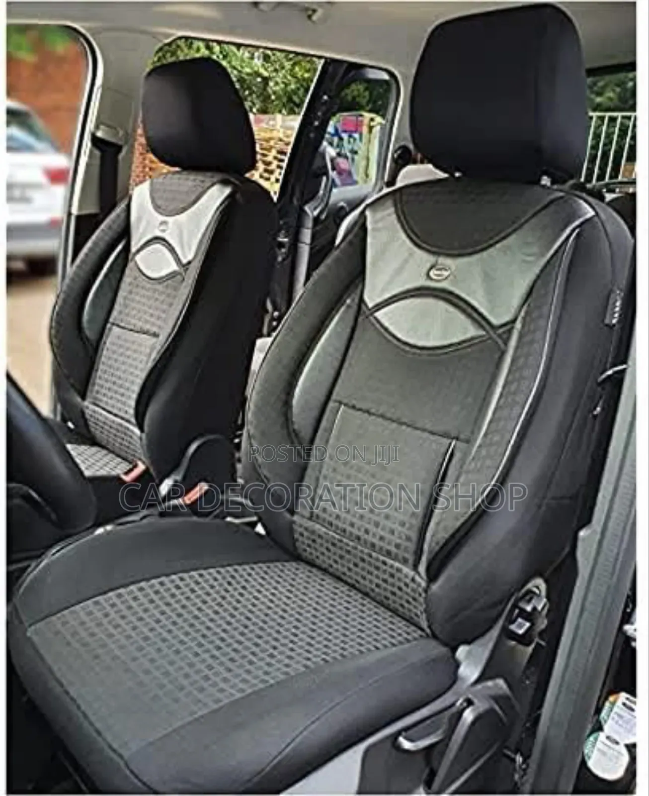 Dark Grey Heavy Fabric With Leather Seat Cushions for 5 Seater Cars