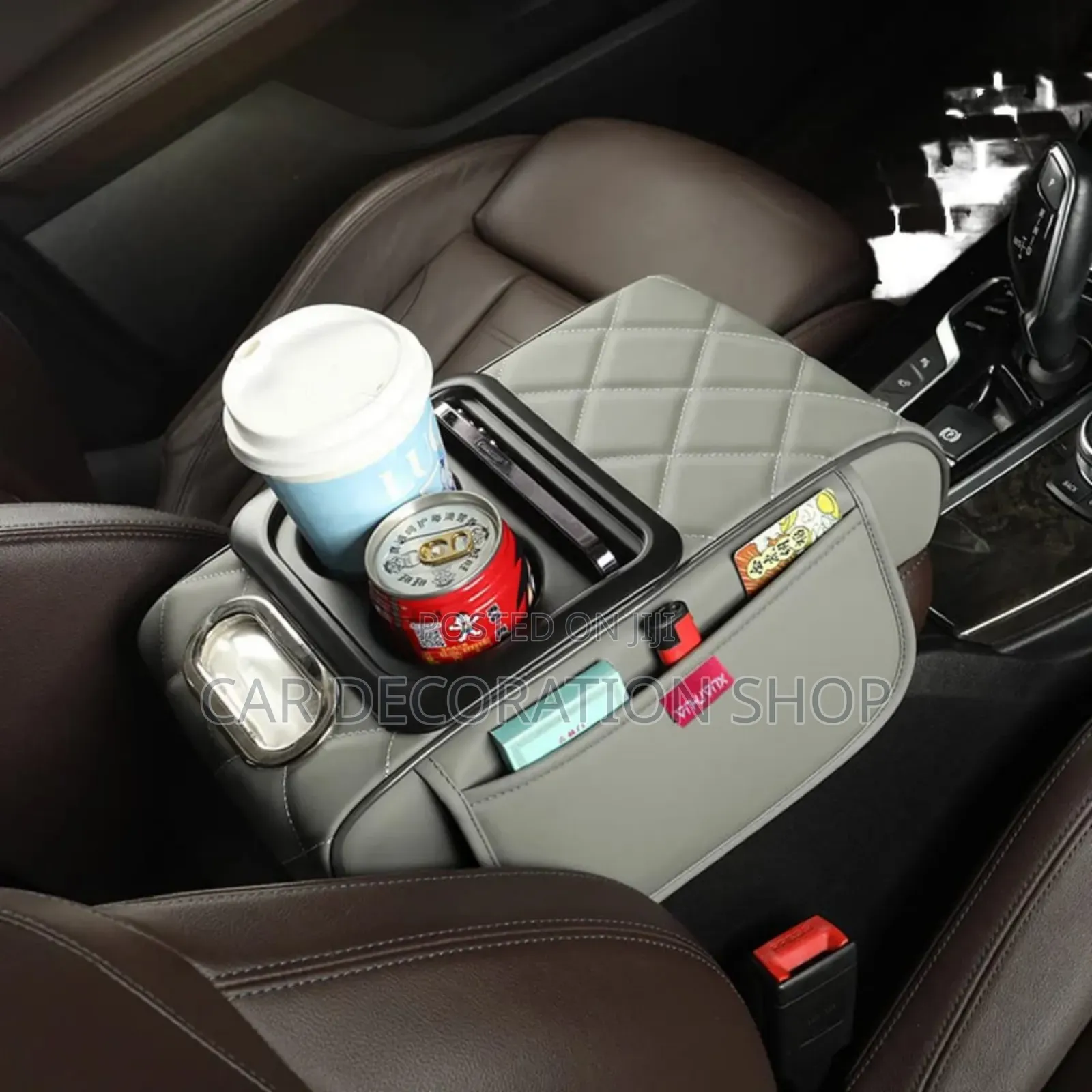 Grey Armrest Top Clip on Armrest Pad With Cup Phone Saviette Holder