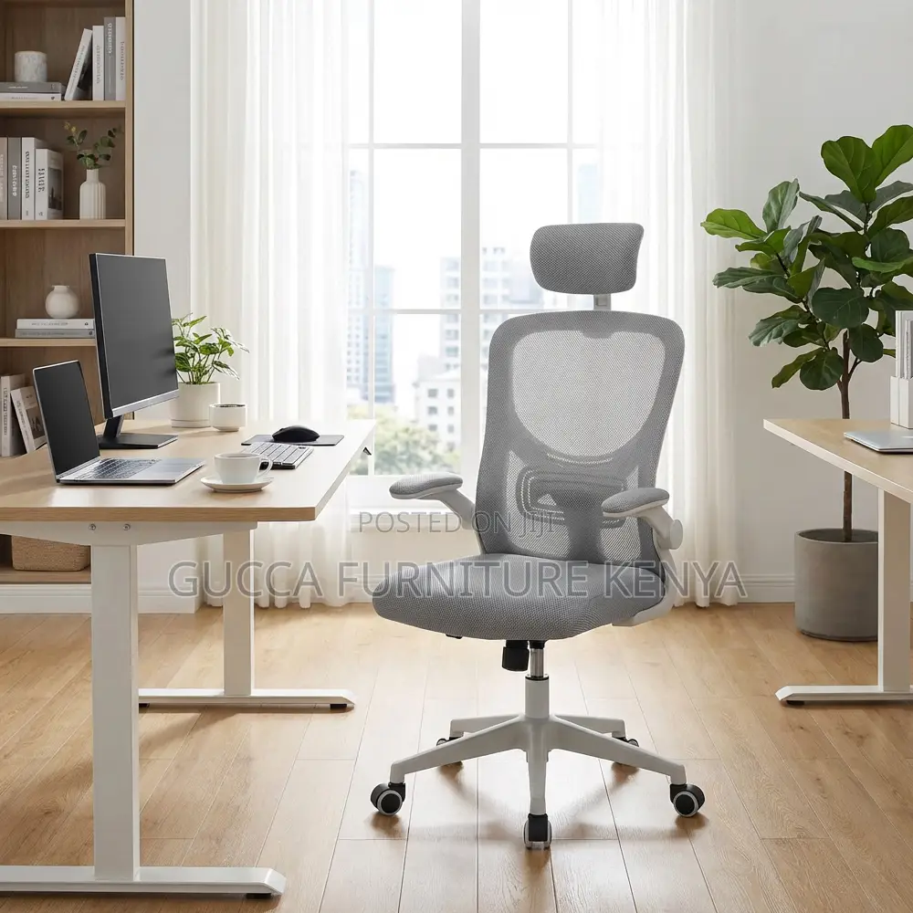White Ergonomic Mesh Desk Seat With Flip Armrest