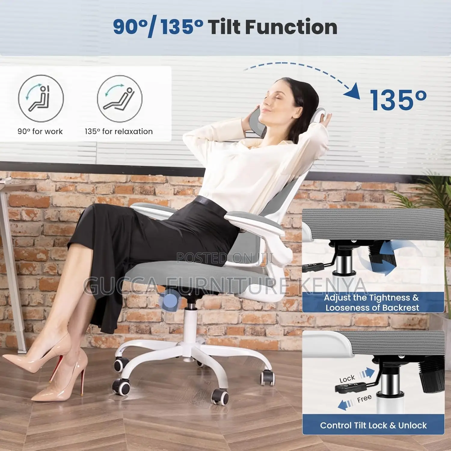 White Ergonomic Mesh Desk Seat With Flip Armrest