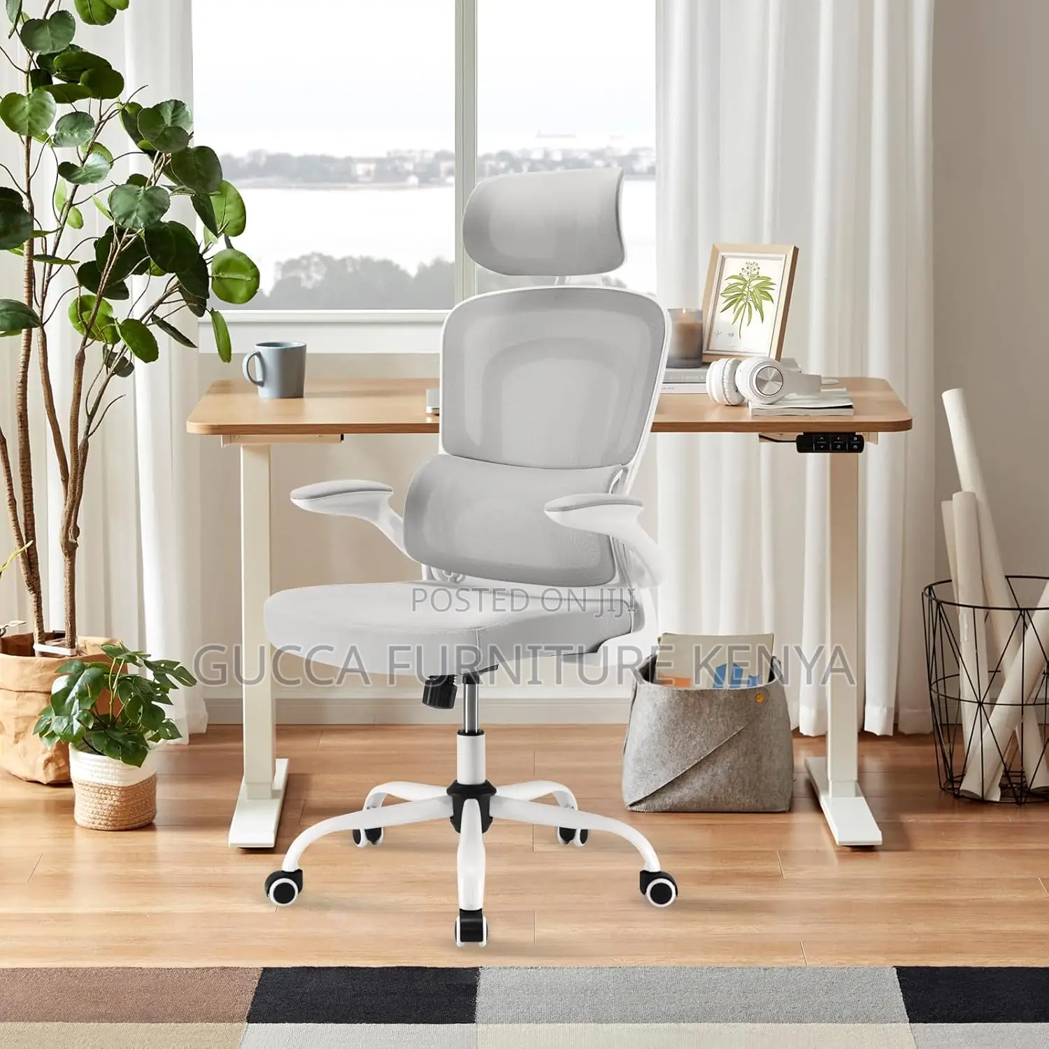 White Ergonomic Mesh Desk Seat With Flip Armrest