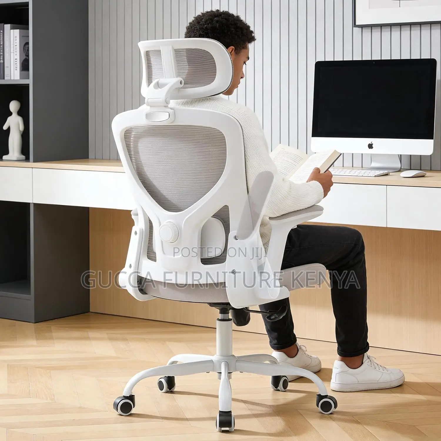 White Ergonomic Mesh Desk Seat With Flip Armrest