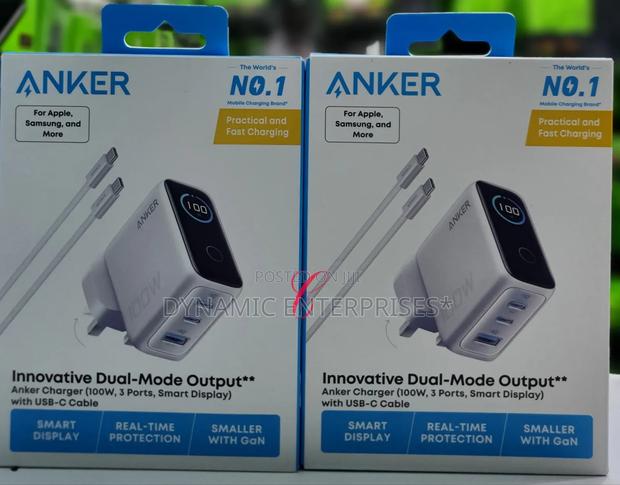 Anker Charger (100w, 3 Ports, Smart Display) With Usb-C Cable