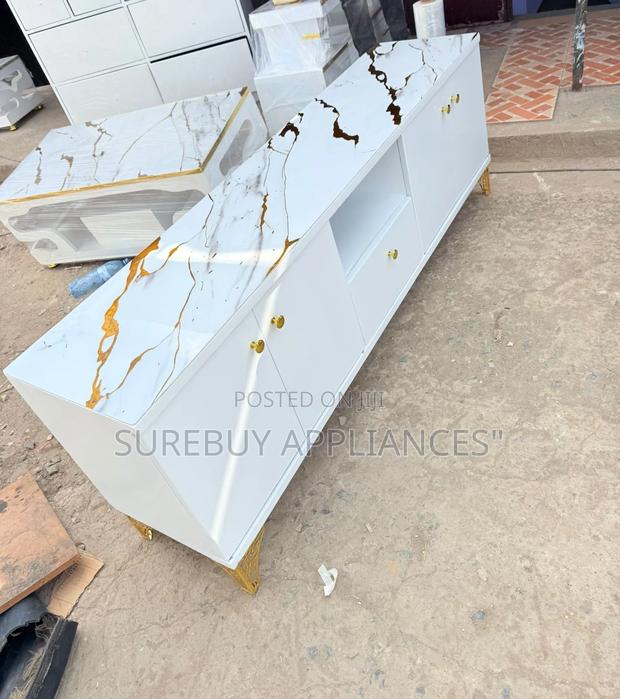 Modern White Gloss Tv Stand With Marble-Pattern Top Gold Accents