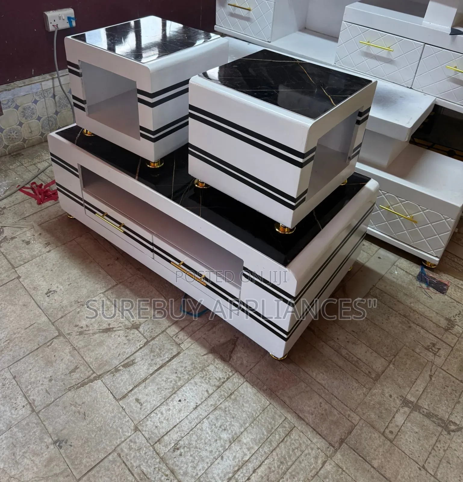 Executive Coffee Table With Glass/Marble Top + 2 Stools