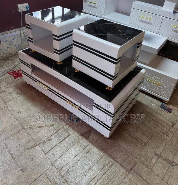 Executive Coffee Table With Glass/Marble Top + 2 Stools