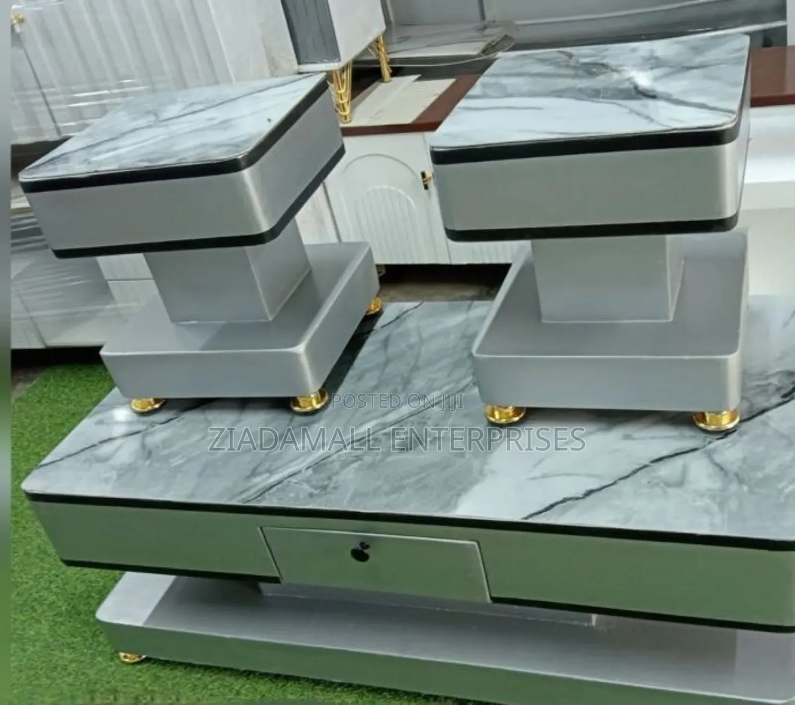 Coffee Table Set With Glass/Marble Finish Dual Stools