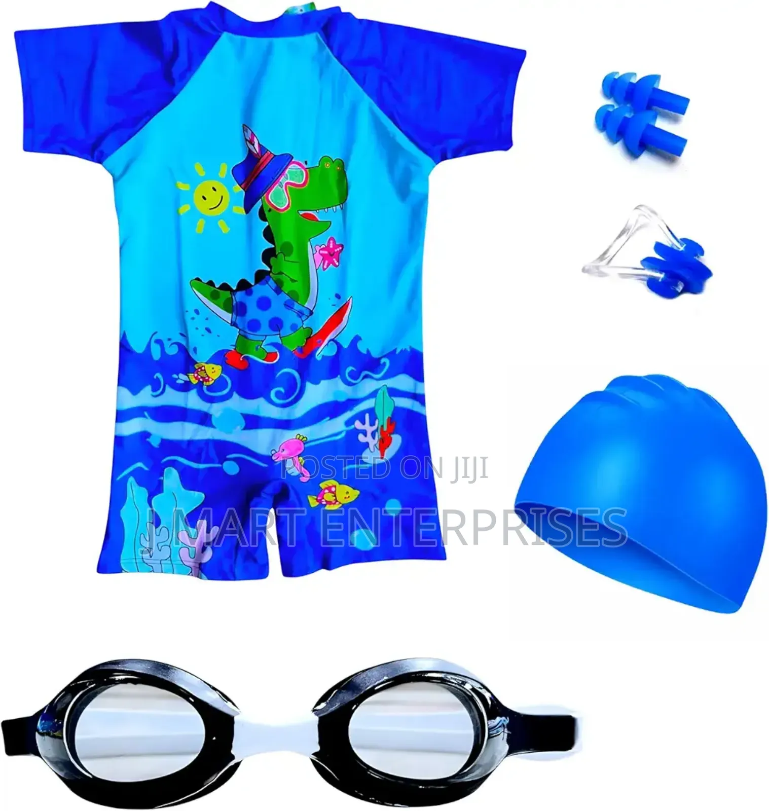 Kids Swimming Costume Set, One-Piece Swimsuit With Cap,Goggles 9 Yrs