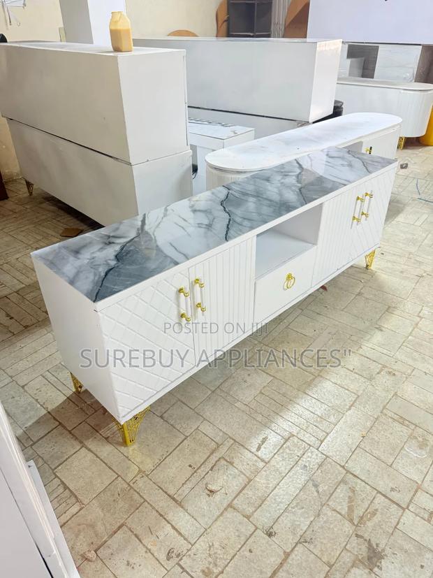 Modern White Marble Top Tv Stand With Gold Accent Finish