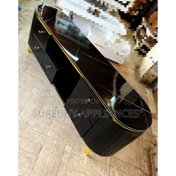 6ft Modern Executive Tv Stand Black Marble Top Gold Accent Console