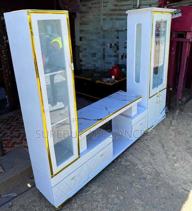 Modern Executive Tv Stand With Marble Top and Storage Shelf Cabinet