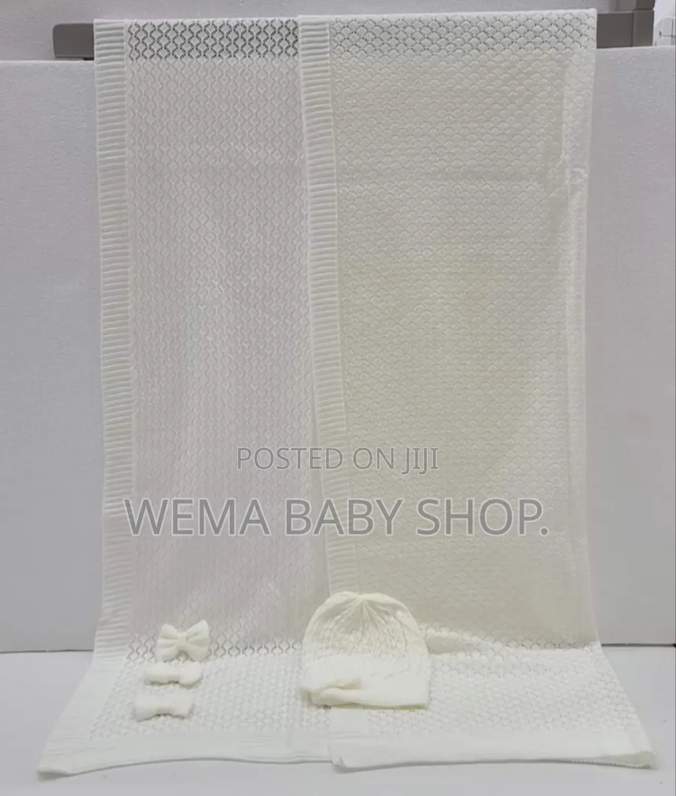 Knitted Baby Christening Shawl Blanket With a Matching Beanie Hat.