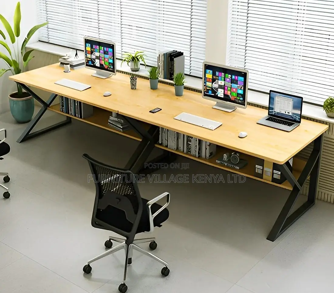 Office Desk; Wood and Metal Computer Desk With Shelf