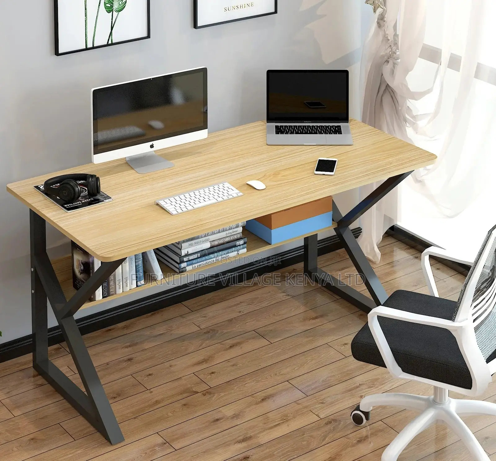 Office Desk; Wood and Metal Computer Desk With Shelf