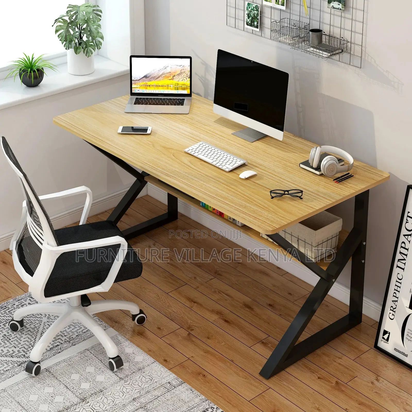 Office Desk; Wood and Metal Computer Desk With Shelf