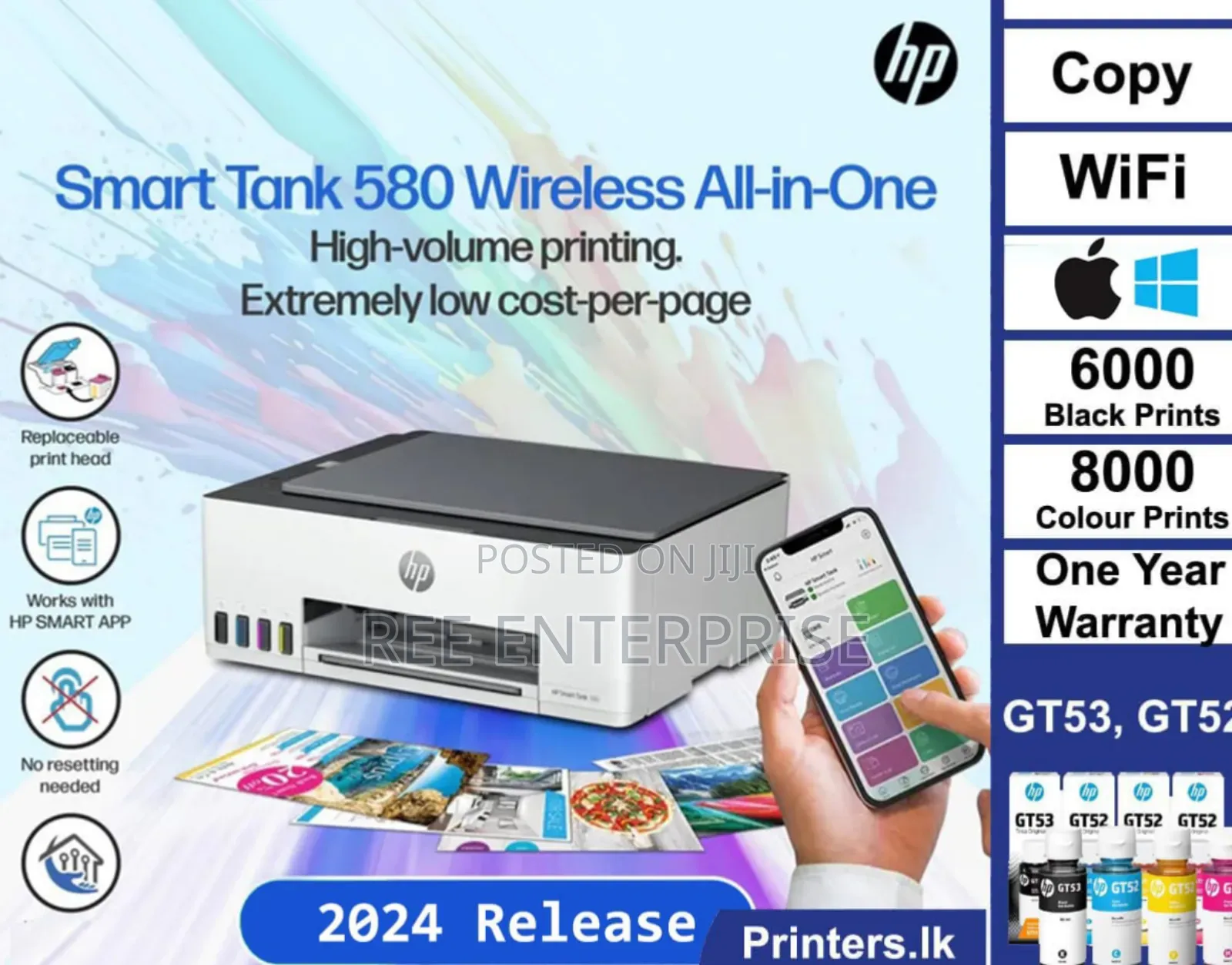 Hp 580 Smart Tank Wireless All in One;Print,Copy and Scan