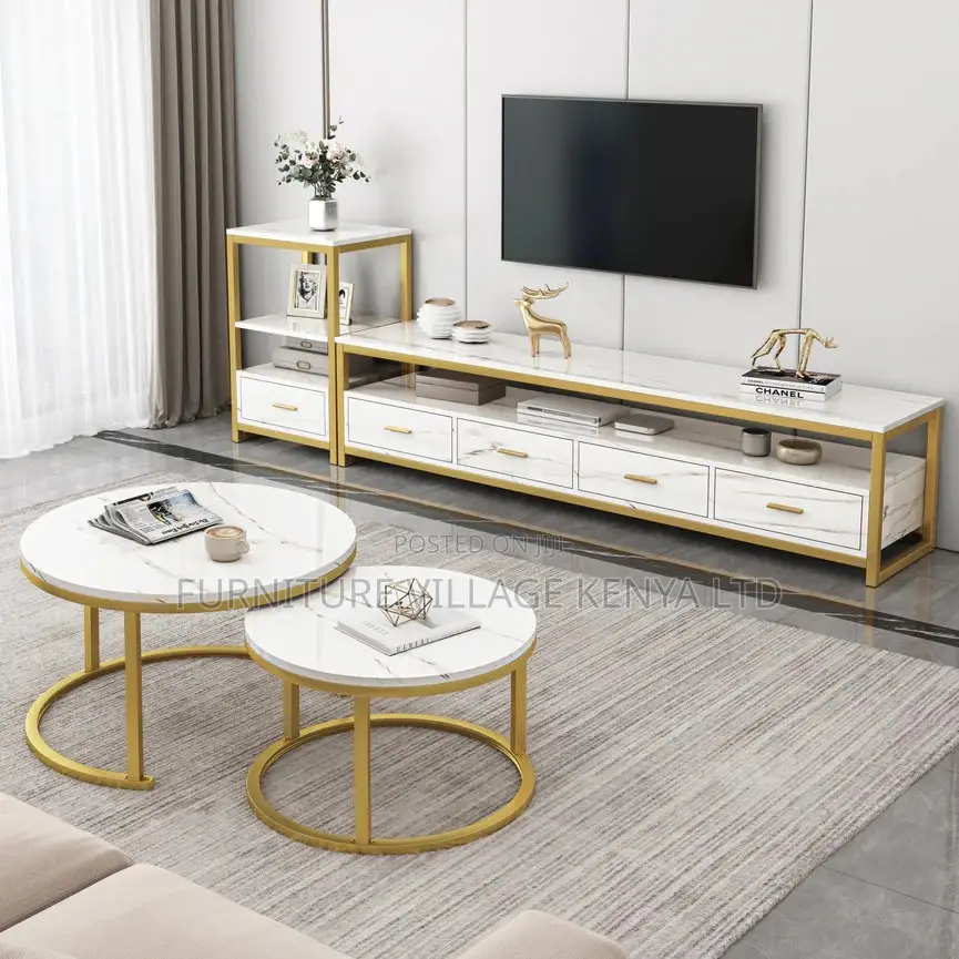 Coffee Table ;2-in-1 Designer Marble Look Nested Coffee Tables White