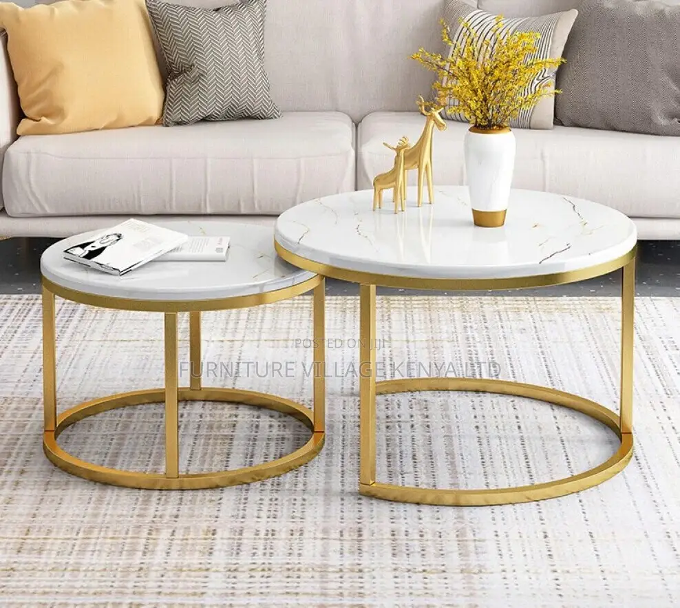 Coffee Table ;2-in-1 Designer Marble Look Nested Coffee Tables White