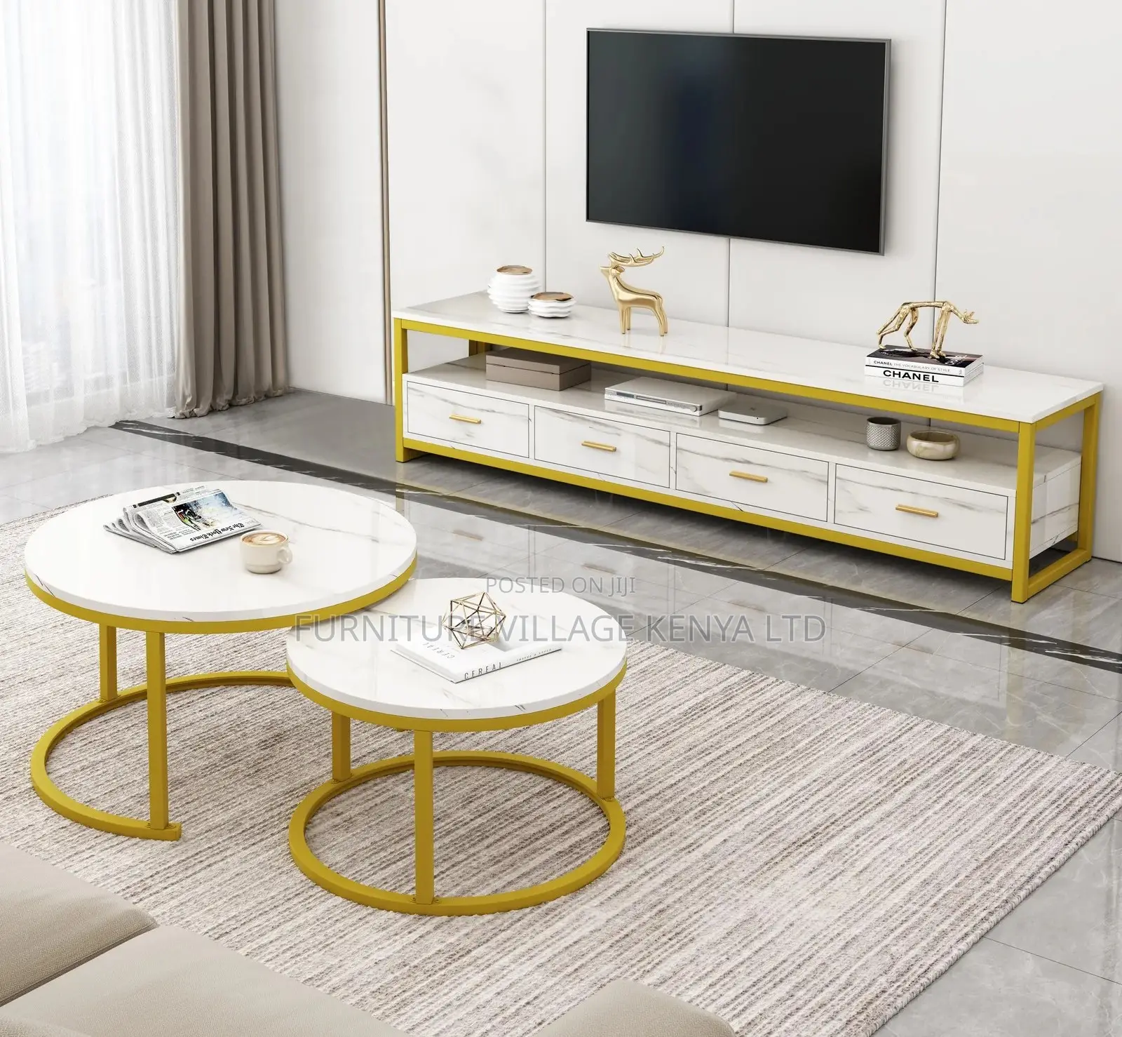 Coffee Table ;2-in-1 Designer Marble Look Nested Coffee Tables White