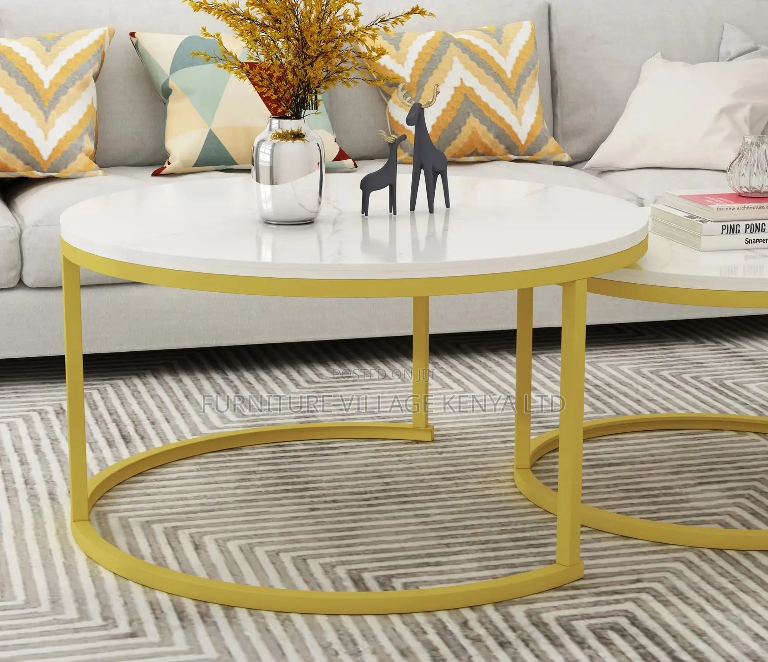 Coffee Table ;2-in-1 Designer Marble Look Nested Coffee Tables White