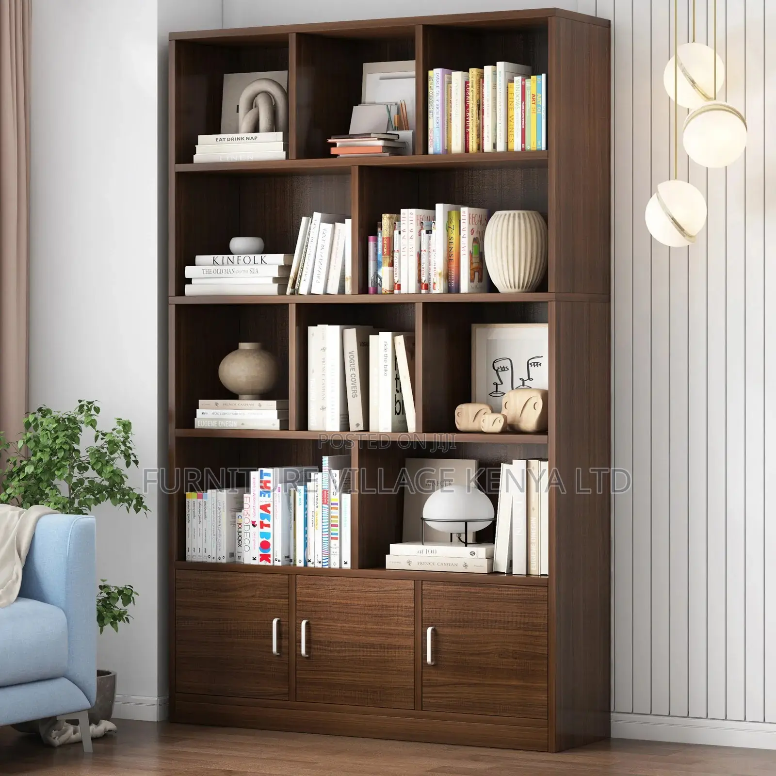 Office Bookcase; 3-Door Wardrobe Cabinet Bookcase Black Walnut