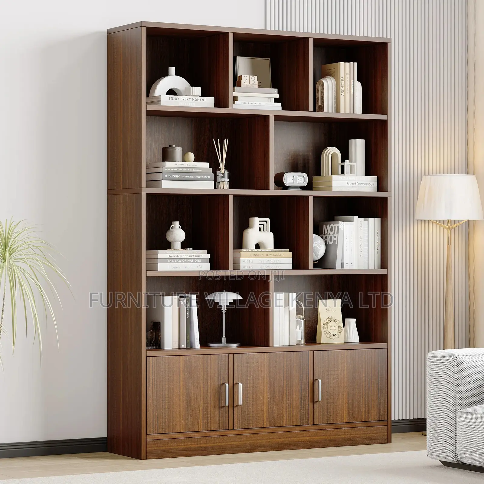 Office Bookcase; 3-Door Wardrobe Cabinet Bookcase Black Walnut