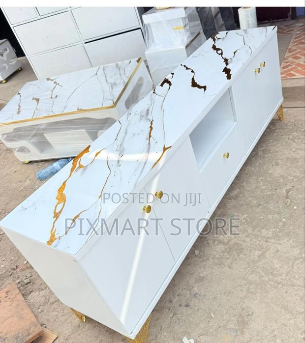 Luxury Glossy White Tv Stand Marble Finish Gold Trim